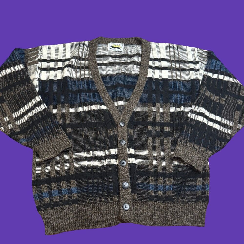 Vintage Le Tigre Mens M Geometric Stripe Cardigan Sweater Retro Preppy USA